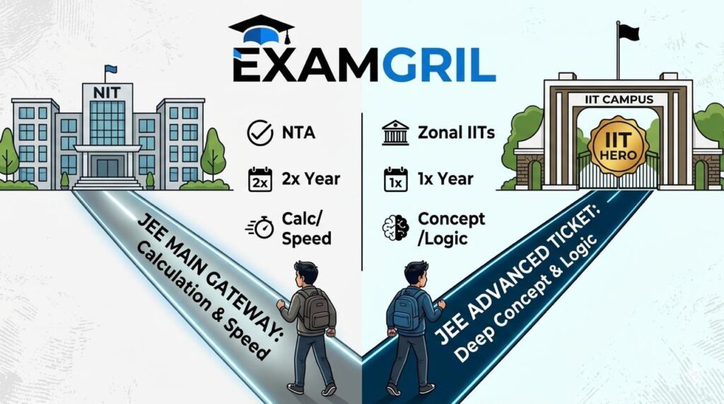 Comparison infographic of JEE Main vs. JEE Advanced 2026, showing distinct gateways for NITs and IITs, using black and blue Exam Gril branding.