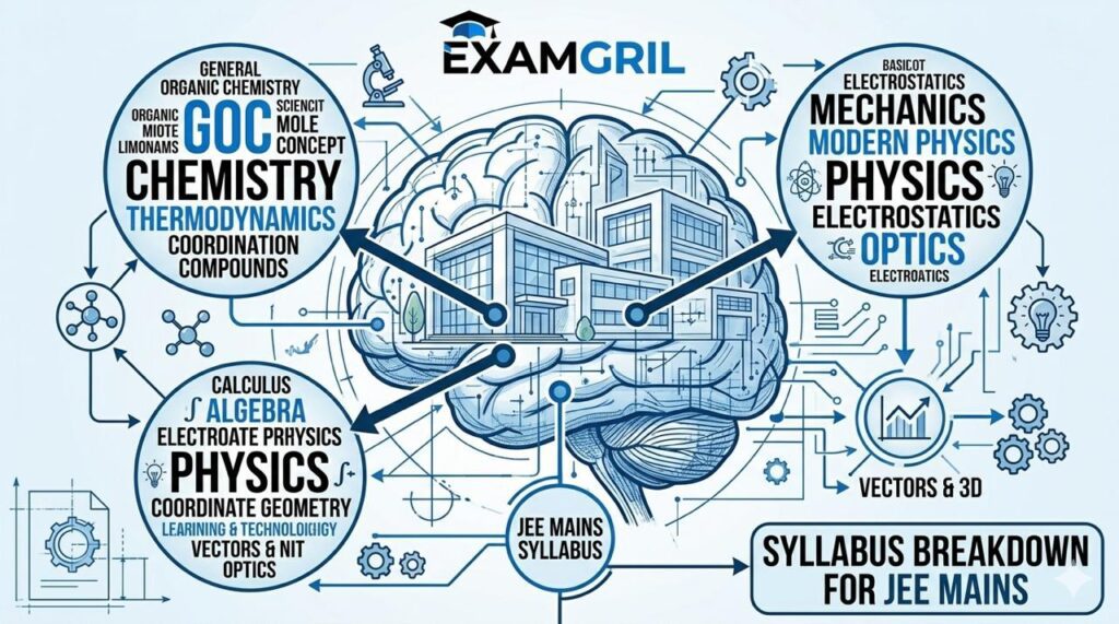 Concept map infographic breaking down high-weightage topics like GOC, Mole Concept, and Mechanics for JEE preparation, with Exam Gril branding.