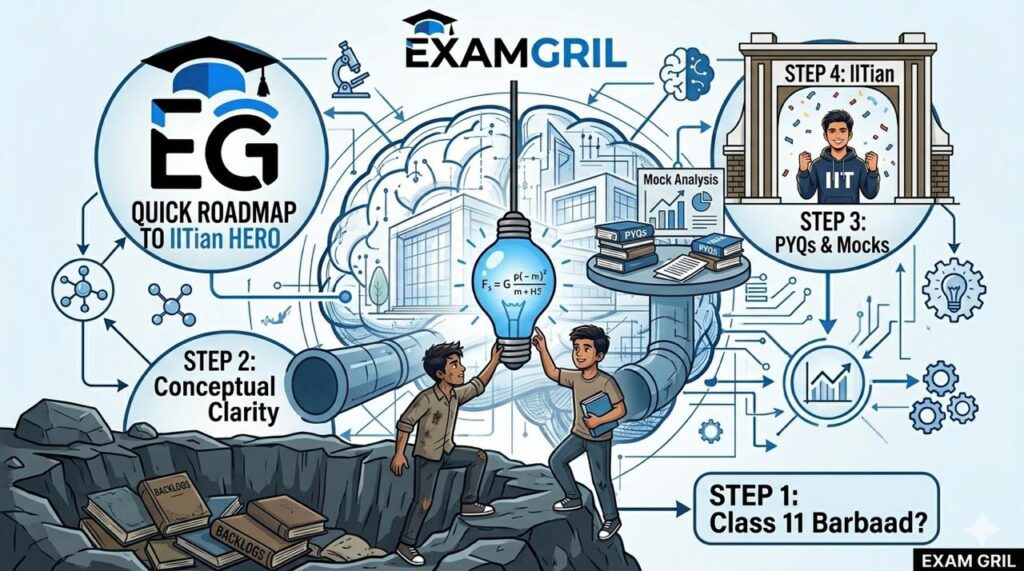 Vertical roadmap infographic illustrating the steps to crack JEE, from fixing backlogs to mock analysis and finally celebrating as an IITian, with Exam Gril logo.