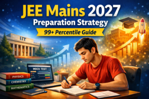 JEE Mains 2027 preparation strategy with student studying and 99 percentile guide