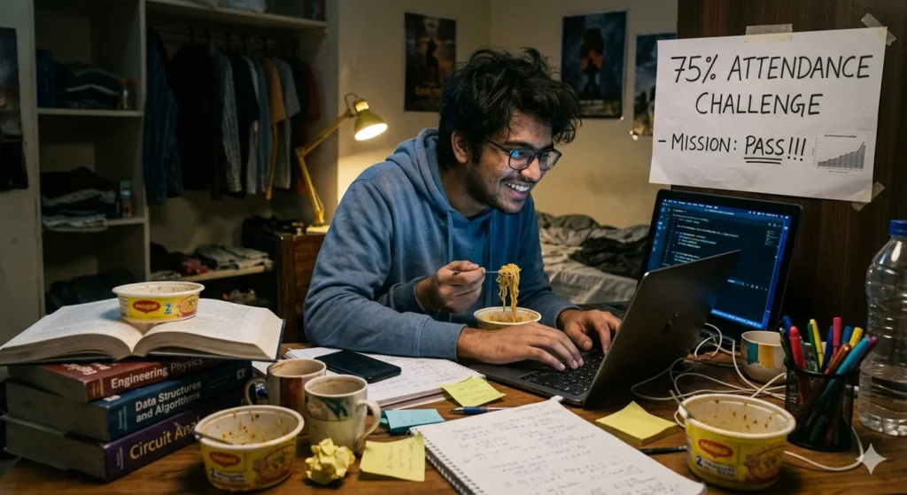 A tired but determined engineering student pulling an all-nighter in a messy hostel room with Maggi bowls.