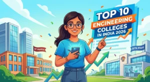 A motivating visual guide to the best engineering colleges in India for 2026 admissions, featuring the optimistic Exam Girl character pointing at a top 10 leaderboard.