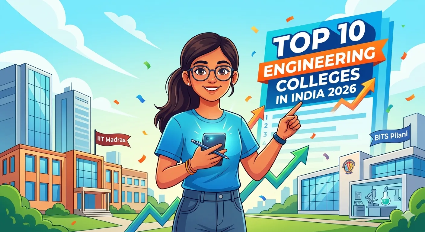 A motivating visual guide to the best engineering colleges in India for 2026 admissions, featuring the optimistic Exam Girl character pointing at a top 10 leaderboard.