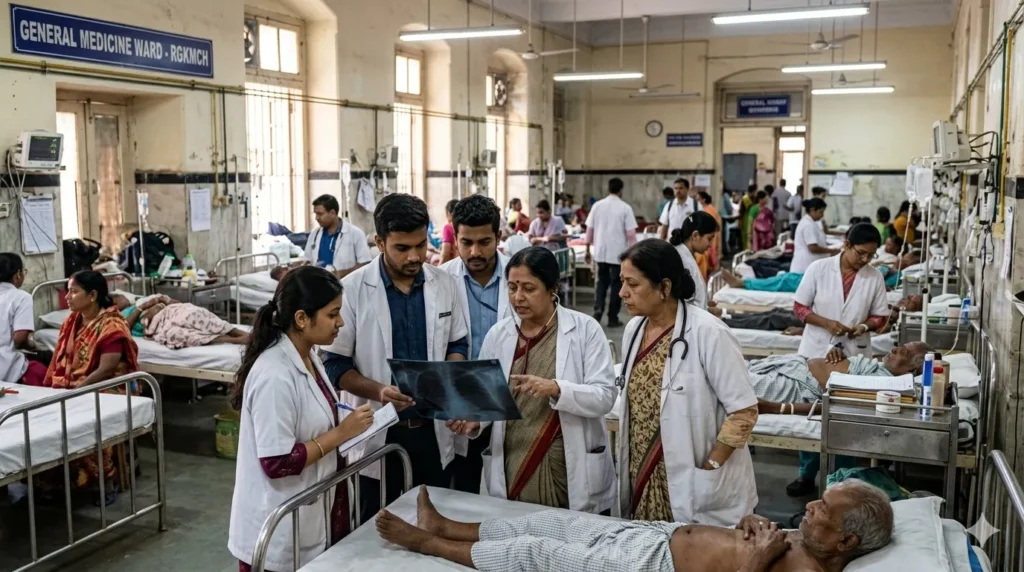 Medical students and a senior professor discussing a complex case inside a busy RG Kar Medical College Hospital ward.