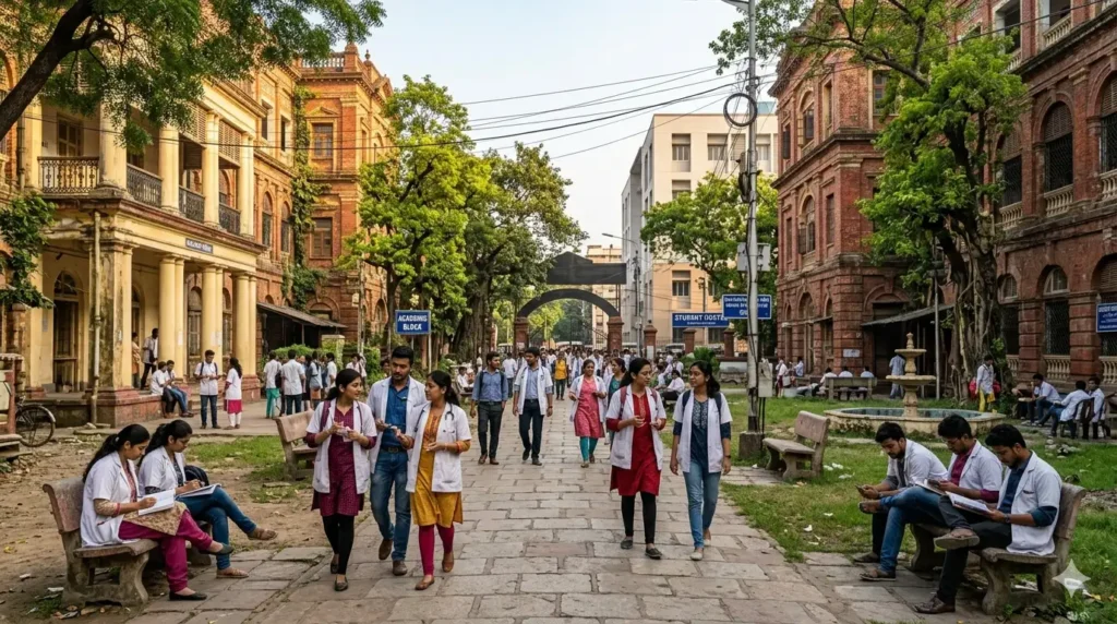 Candid shot of medical students walking and socializing in the historic, bustling courtyard of the RG Kar Medical College campus in Kolkata.