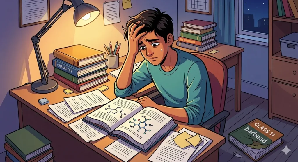 illustration of a stressed Indian student feeling overwhelmed by JEE preparation and Class 11 backlogs.