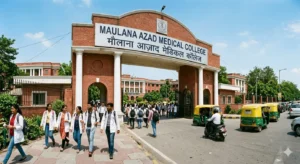 The main entrance gate of the iconic Maulana Azad Medical College (MAMC) in Delhi, showing students in white coats.
