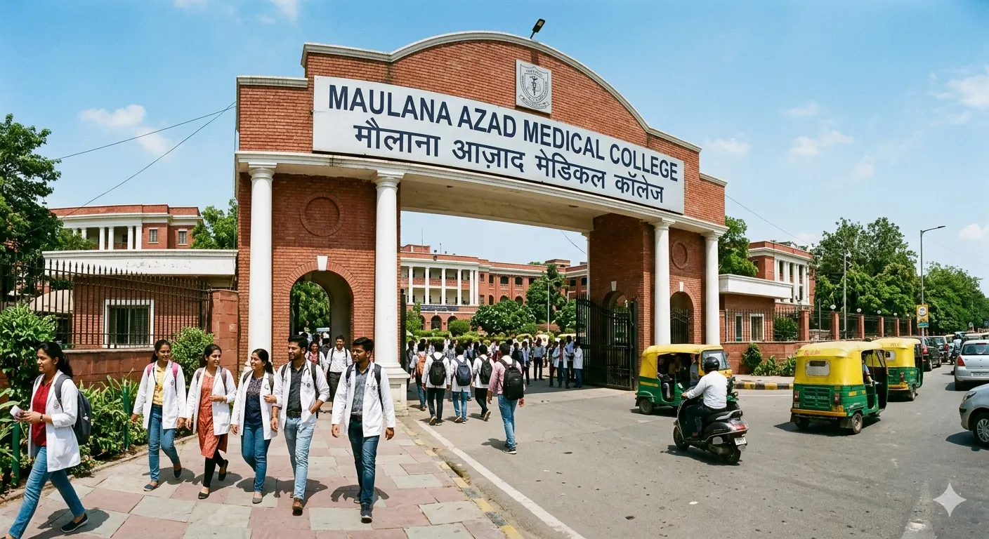 The main entrance gate of the iconic Maulana Azad Medical College (MAMC) in Delhi, showing students in white coats.