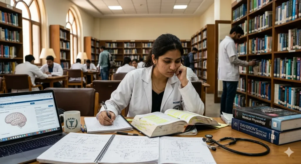 A medical student focused on anatomy textbooks and a laptop in a quiet college library.