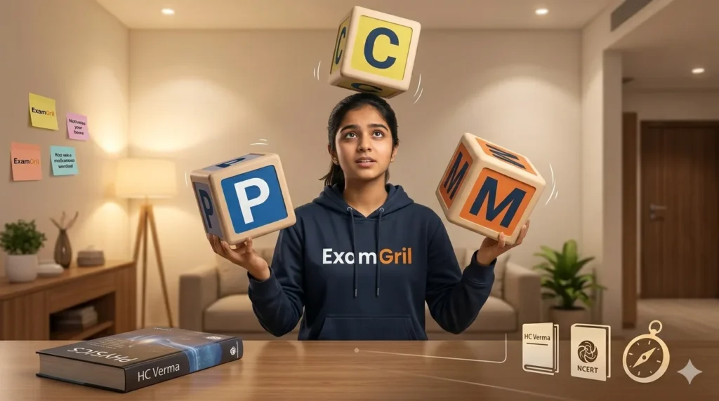 The ExamGril student from the featured image playfully juggling large blocks labeled P, C, and M, showing a determined beginner building the basic foundation for JEE 2027.