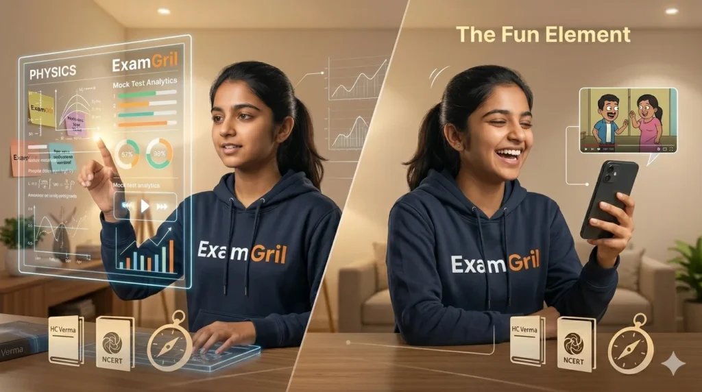 A split-screen image showing the ExamGril student from previous images analyzing glowing mock test data (Expertise) on one side, and laughing while taking a healthy comedy break (Humor) on the other.