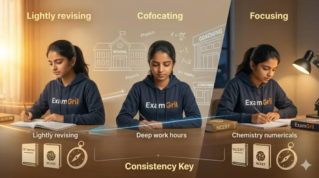 A dynamic visual roadmap showing the ExamGril student from previous images flowing through her balanced JEE daily routine, moving from warm morning revision to deep evening study sessions.