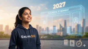 A determined Indian girl student (ExamGril) smiling confidently while looking at a virtual glowing IIT Bombay 2027 gate, illustrating the ultimate goal of the JEE 2027 roadmap for beginners.