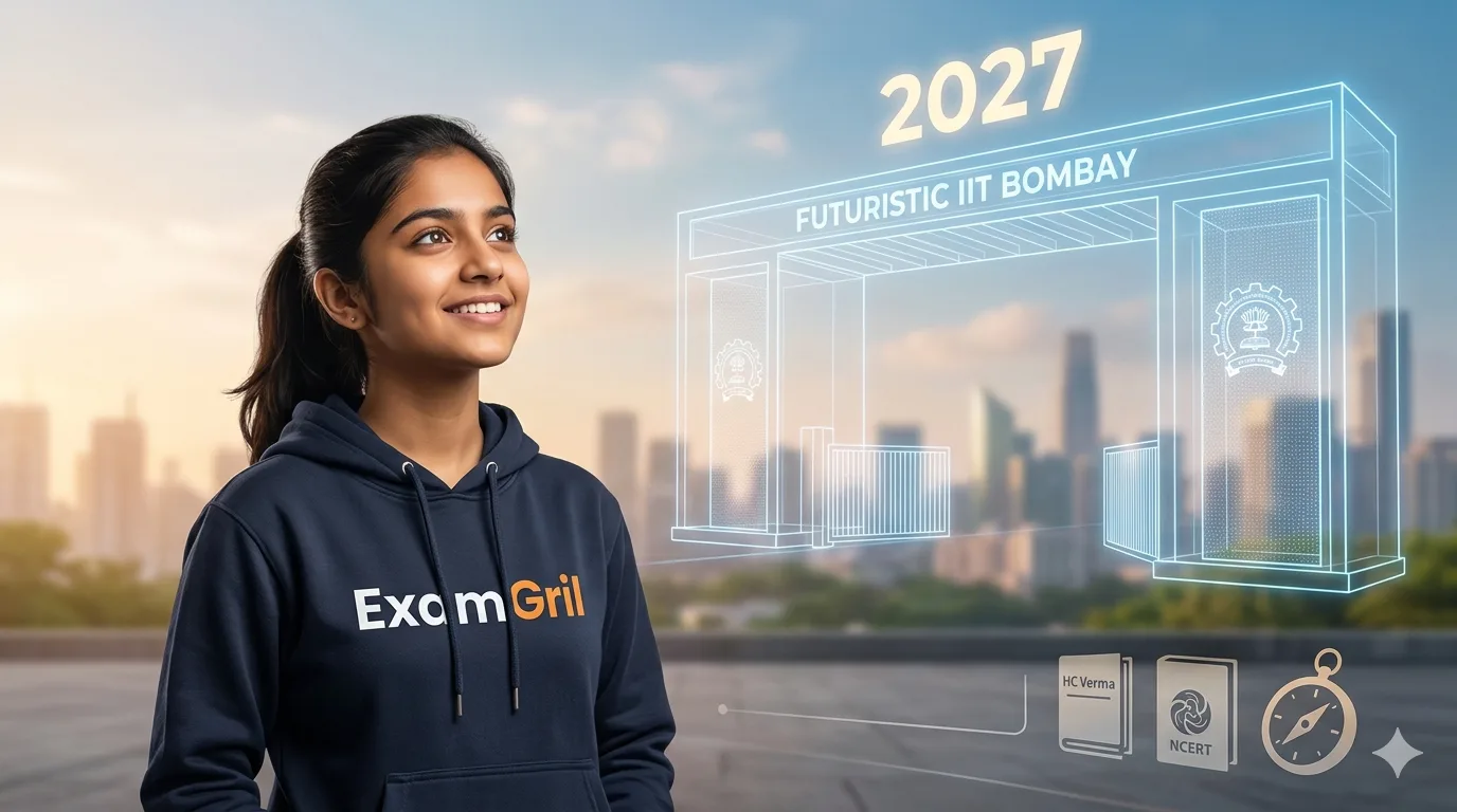 A determined Indian girl student (ExamGril) smiling confidently while looking at a virtual glowing IIT Bombay 2027 gate, illustrating the ultimate goal of the JEE 2027 roadmap for beginners.
