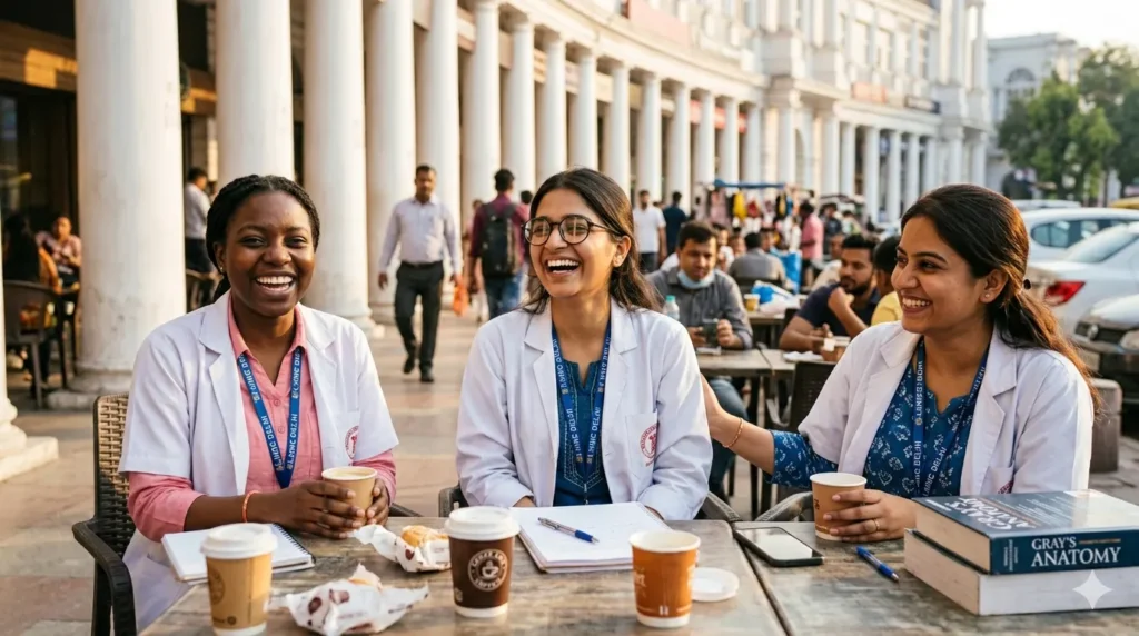 emale medical students (Hardonians) from Lady Hardinge Medical College taking a coffee break in the inner circle of Connaught Place, Delhi.