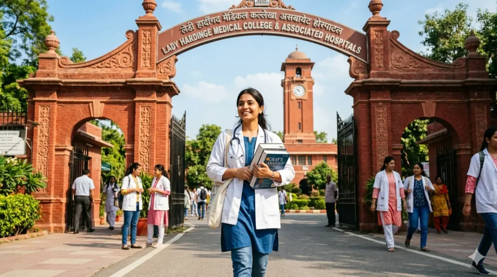 A detailed guide to Lady Hardinge Medical College Admission 2026 showing a female medical student on the Delhi campus with the iconic red-brick architecture.
