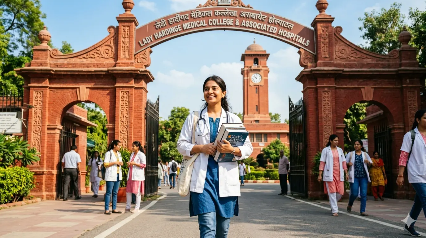 A detailed guide to Lady Hardinge Medical College Admission 2026 showing a female medical student on the Delhi campus with the iconic red-brick architecture.
