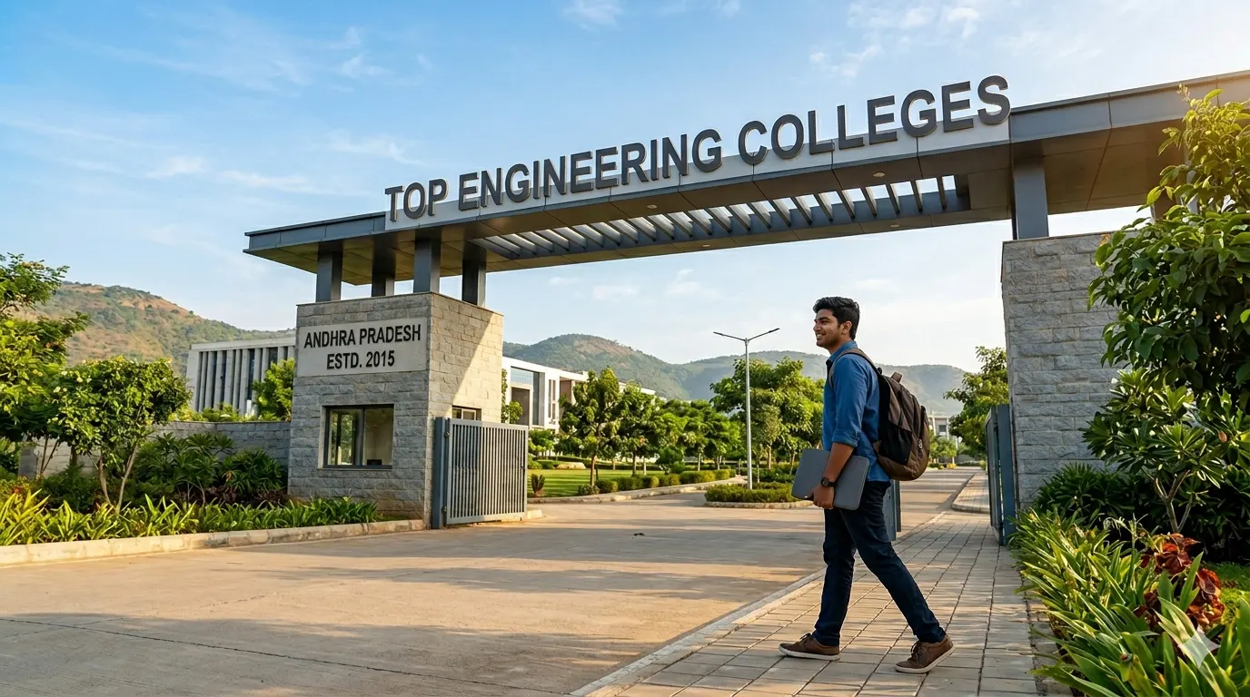 Top 10 Engineering Colleges in Andhra Pradesh featuring a premier B.Tech campus entrance and a student walking toward a successful academic future.