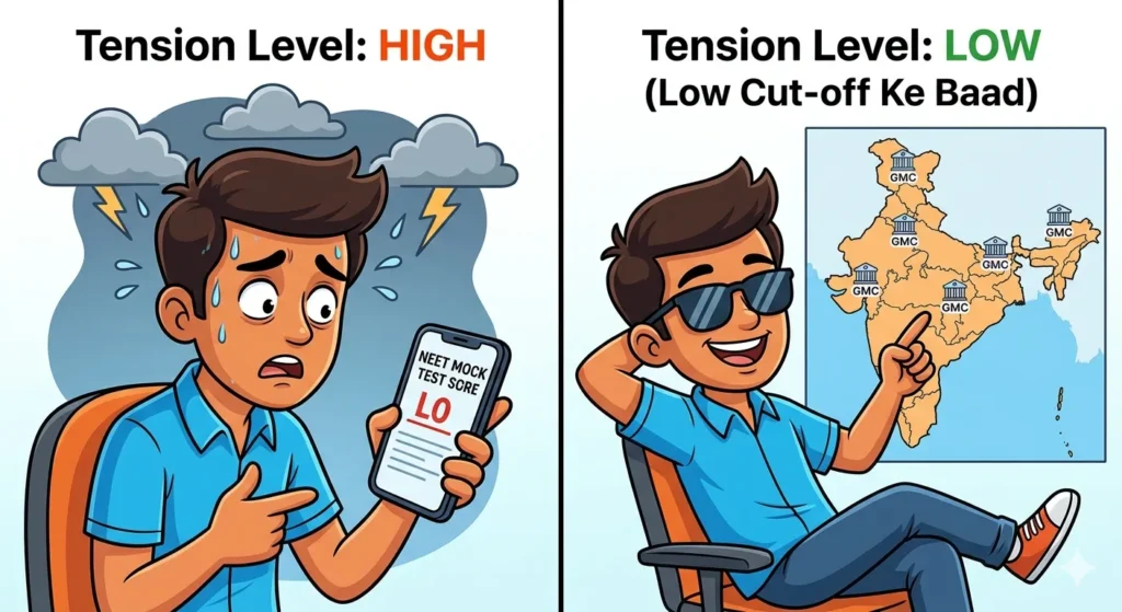 A funny Hinglish cartoon illustrating the tension shift from a low NEET score to the relief of finding low cut-off government medical colleges.