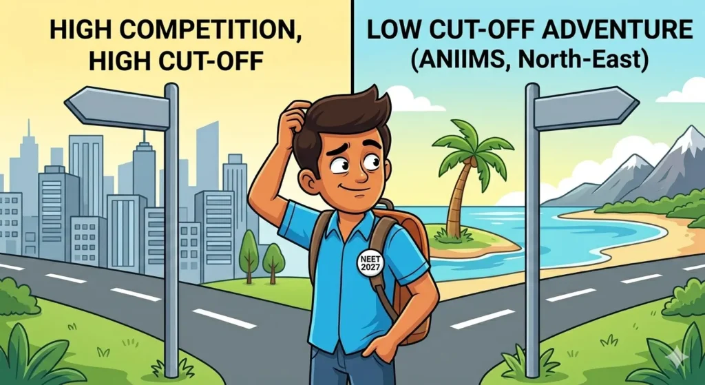 A funny illustration showing an Indian student at a crossroads, weighing a high competition city against a low cut-off medical college adventure in remote areas.