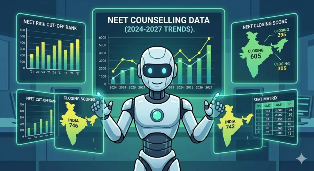 An expert infographic-style illustration showing an AI robot analyst processing NEET historical counseling data (2024–2027) to predict low cut-off trends
