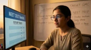 A hopeful Indian medical student checking the top 10 government medical colleges with low cut-off for 2027 trends on her computer.