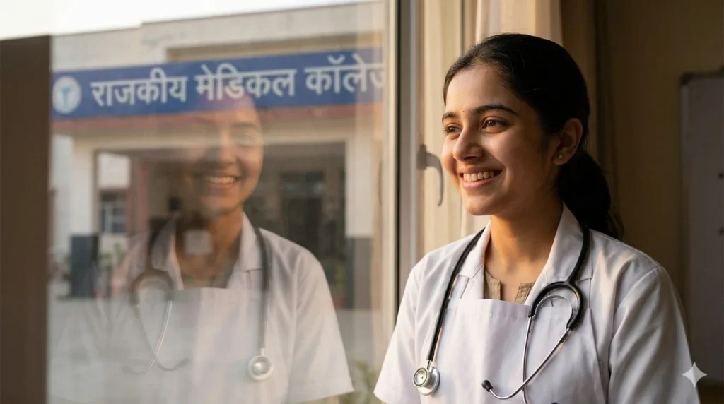 A joyful Indian medical student wearing her stethoscope after securing a seat at a low cut-off government medical college in 2027.