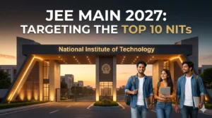 op 10 NIT Colleges for JEE Exam Students: Aspirational engineering students walking into a modern NIT campus at sunrise