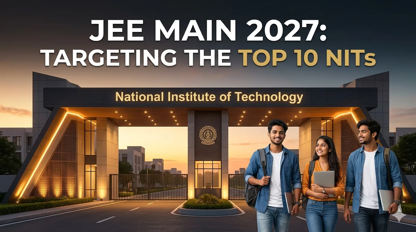 op 10 NIT Colleges for JEE Exam Students: Aspirational engineering students walking into a modern NIT campus at sunrise