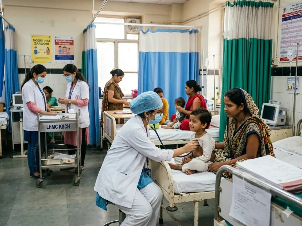 Female medical intern at Lady Hardinge Medical College performing a check-up on a young patient in the busy Kalawati Saran Children's Hospital ward.