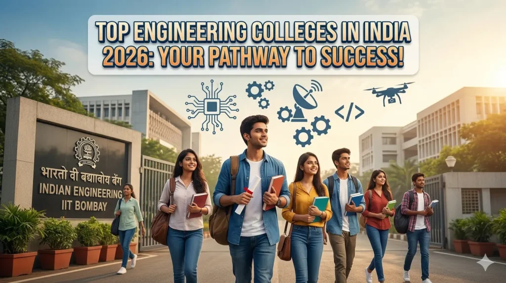 Students walking toward the IIT Bombay main gate banner representing the Top Engineering Colleges in India 2026.