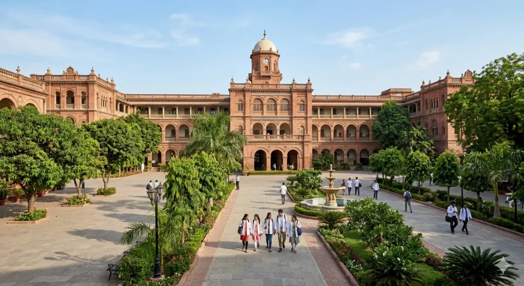 The main academic building and courtyard of a large, historic Indian government medical college campus.