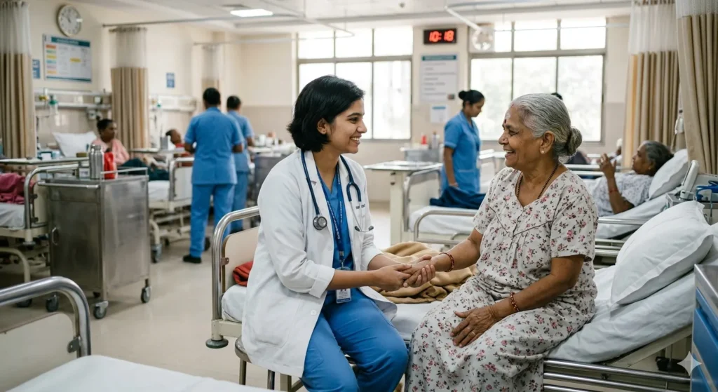 A compassionate young doctor interacting with a patient in an active hospital ward.