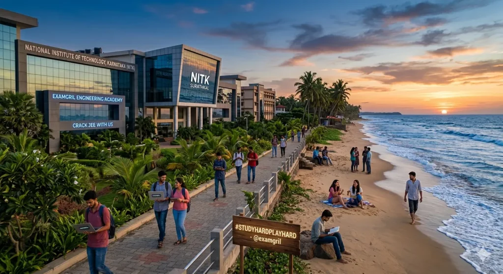 NIT Surathkal private beach adjacent to modern engineering academic buildings.