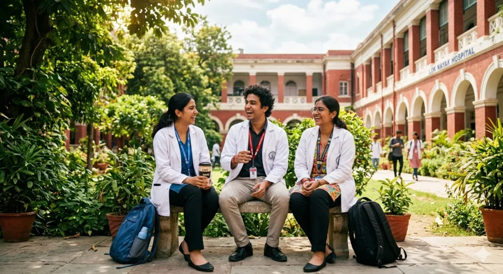 Three medical students laughing and relaxing in a courtyard on their college campus.