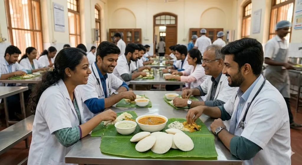 Medical students enjoying traditional South Indian idli sambar at the Madras Medical College hostel mess.