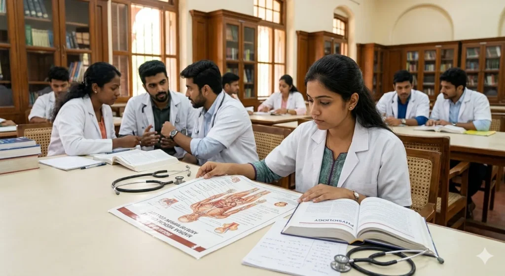 Focused medical students studying anatomy in the historic Madras Medical College library.