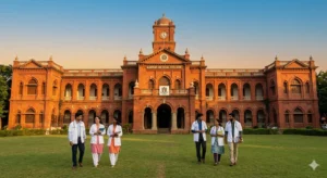 Madras Medical College Admission 2026: Historic red building facade at golden hour with medical students walking.