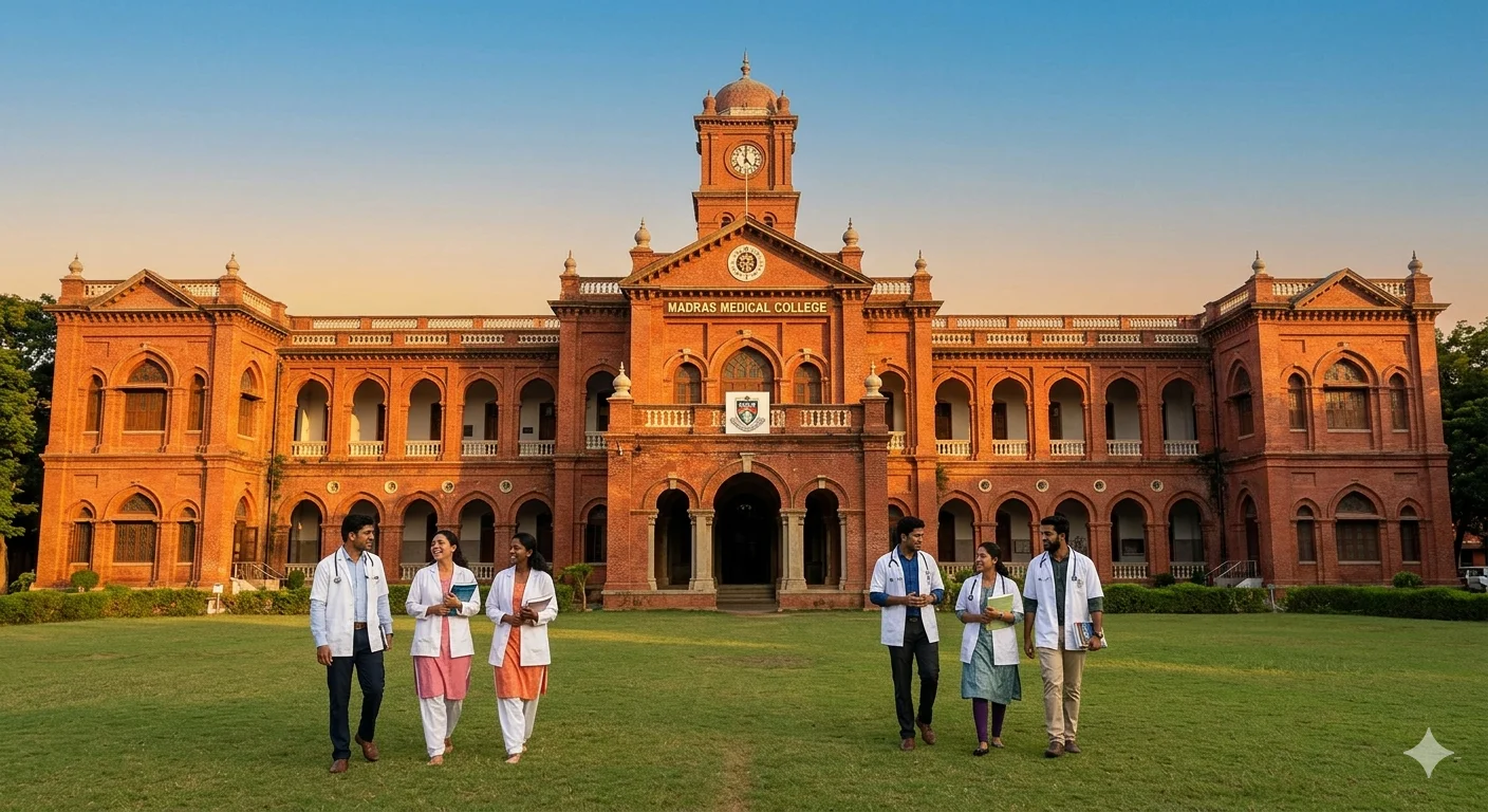 Madras Medical College Admission 2026: Historic red building facade at golden hour with medical students walking.