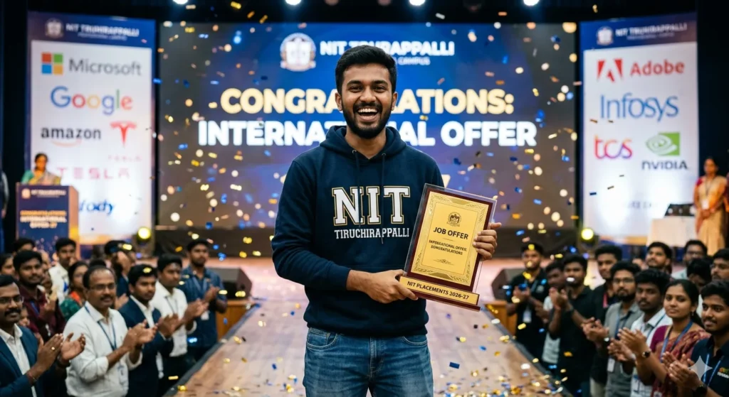 An excited engineering student accepting a high-salary international job offer at an NIT placement ceremony.