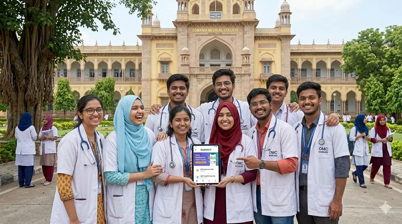 A vibrant group of Osmania Medical College students, including hijabi women, smiling and holding an ExamGril tablet, representing diversity in medical education.