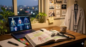 A motivational setup for medical aspirants featuring a stethoscope and textbooks. NEET UG 2027 official Syllabus