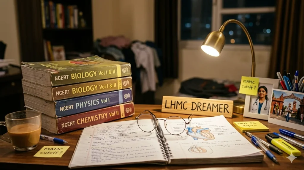 A close-up shot of a competitive exam (NEET) aspirant’s desk, highlighting the intensive study required for LHMC cutoffs.