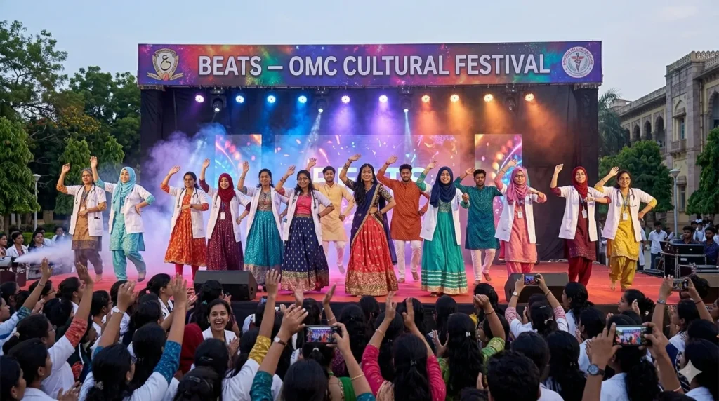 A vibrant dance performance during the "BEATS" cultural festival at Osmania Medical College, showcasing the diverse cultural life and festive spirit on campus.