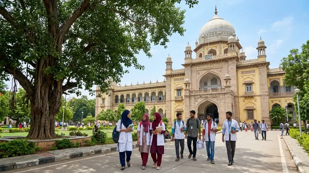 A scenic view of the historic Osmania Medical College main building facade, with students walking in, emphasizing its legacy and iconic architecture.