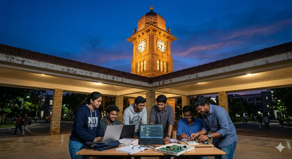 NIT Tiruchirappalli (NIT Trichy) iconic clock tower at dusk with students studying
