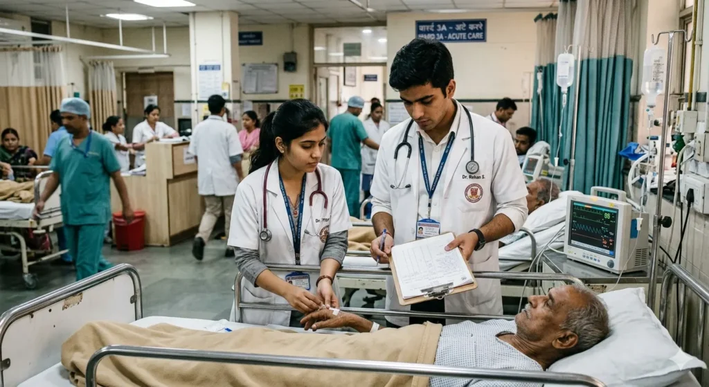 Two medical interns with stethoscopes examining a patient's chart in a busy hospital.