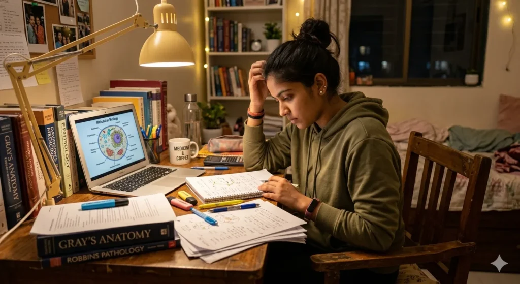 A student studying intensely with books and a laptop for the NEET medical entrance exam.