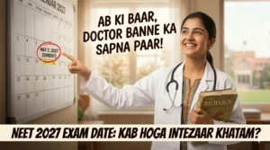 A determined Indian female student wearing a stethoscope and pointing to "MAY 2, 2027" circled on a wall calendar, smiling confidently. The image is optimized for the keyphrase 'NEET 2027 exam date'.