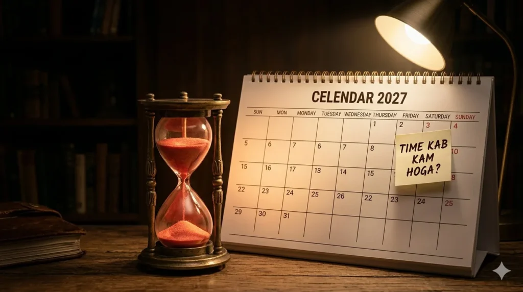 An antique, ornate sand hourglass filled with glowing red sand sitting next to an open wall calendar marked 'May 2, 2027'. A sticky note in Hinglish reads, 'Time Kab Kam Hoga?'.